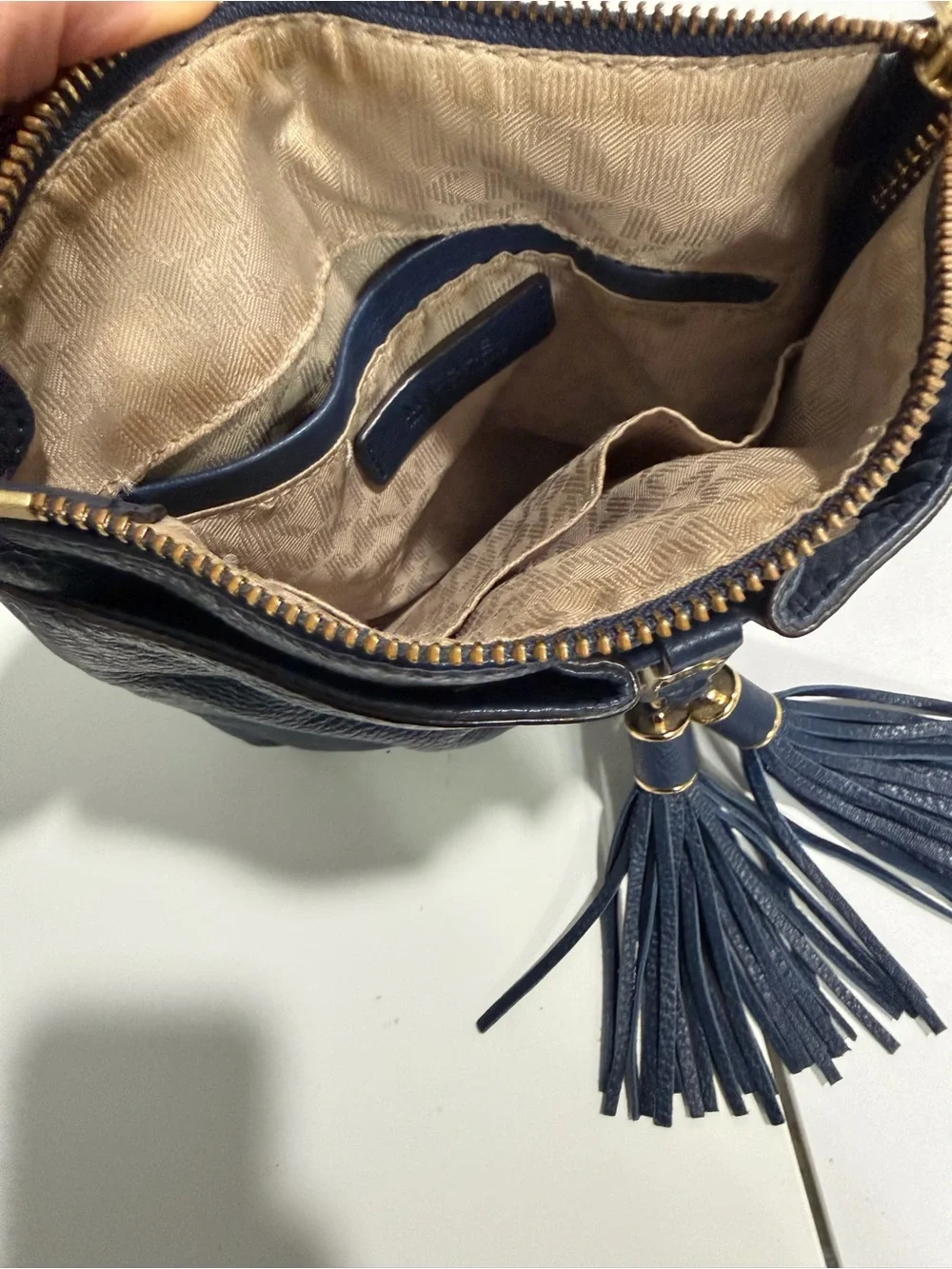 Michael Kors Navy Leather Tassel Drawstring Crossbody